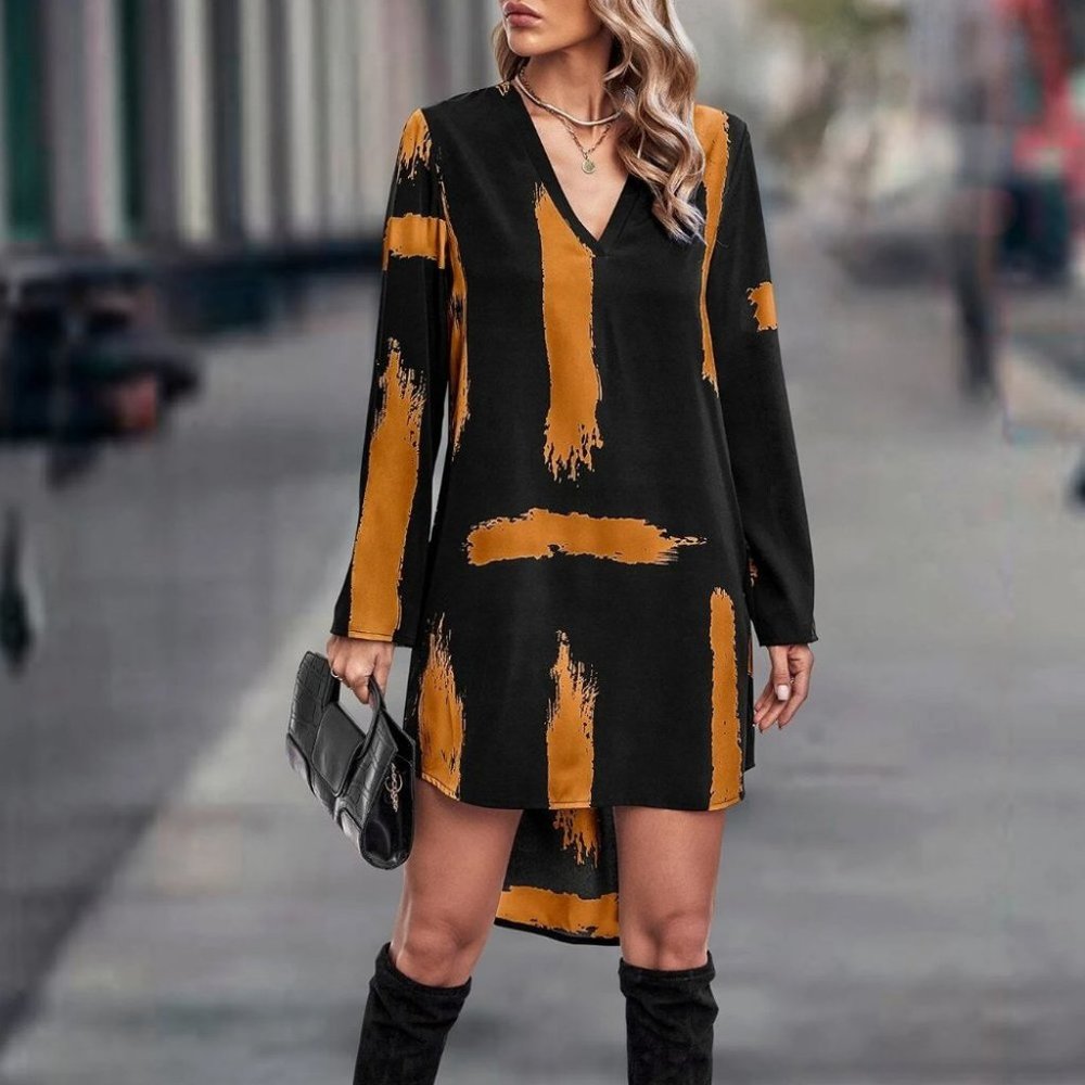 High Low Hem Brush Print Roll Up Sleeve Dress